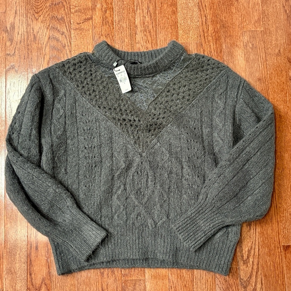 NWT Express Cable Knit Crew Neck Lace Sweater - Picture 4 of 14